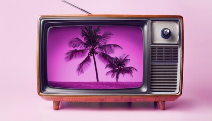 old television with palm tree displayed on screen retro style vintage technology nostalgic mood purple background isolated on white