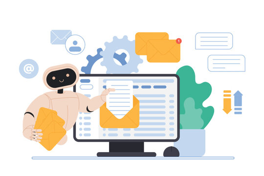 Mailbox message management automation and antispam filter with AI service. Cute robot holding envelopes with email letters to receive and send digital correspondence cartoon vector illustration