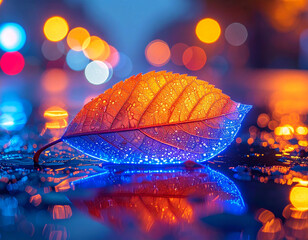 Glowing Neon Autumn Leaf Macro on Wet Reflective Surface