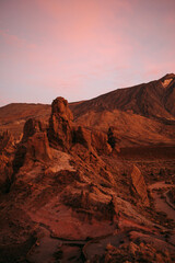 Warm sunset glow panorama over Tenerife's volcanic terrain, excellent for travel blogs, nature photography, and stock photo markets