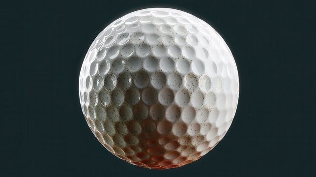 A close-up view of a white golf ball with detailed dimples on a dark background.