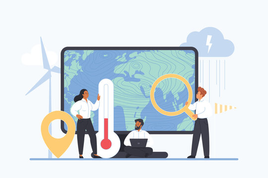 Weather forecast report and climate information, synoptic news prediction, meteorology. Tiny people with thermometer and magnifying glass work on atmospheric world map cartoon vector illustration