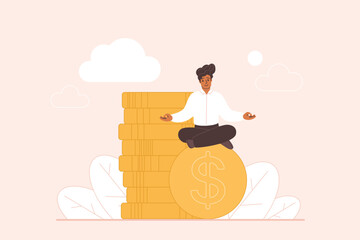 Positive mindset, success investment, financial growth strategy, benefits of entrepreneur. Tiny man sitting in peaceful calm yoga pose on gold coin, concentration on profit cartoon vector illustration
