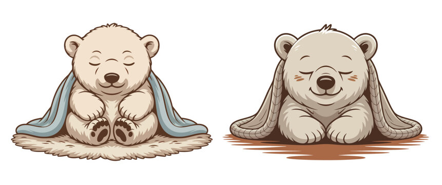 Two adorable, sleepy polar bears snuggled under cozy blankets, radiating warmth and peaceful slumber, perfect for winter themes.