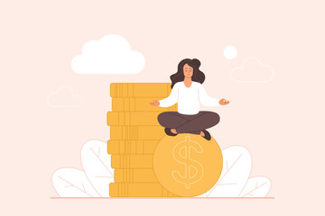 Success investment, positive optimistic financial mindset and wealth of leader. Tiny woman dreaming, sitting in peaceful calm meditation pose on gold money coins stack cartoon vector illustration