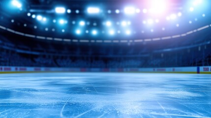 puck. An empty hockey rink glows blue under ambient lighting, with blurred stadium seats in the distance. event key visuals, club posters, designed for sports event promotions and stadium branding.