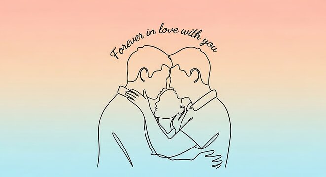 Continuous Line Art of Two Men Embracing with Forever in Love with You Text.