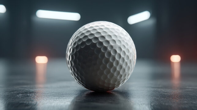 A close-up of a white golf ball on a dark, reflective surface with blurred lights in the background.