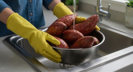 Wash sweet potatoes under running water