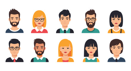 Diverse group of stylized vector illustrations of various people's faces, representing different genders and styles, suitable for business, team, or profile graphics.
