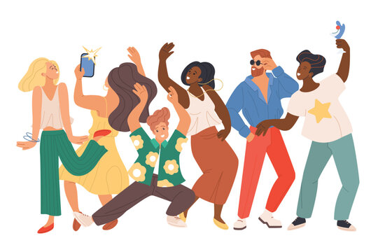 Happy dance party of friends, fun energetic festival and concert with multiethnic crowd of people. Smiling woman and man dancing to music with arm up, drink cocktail cartoon vector illustration