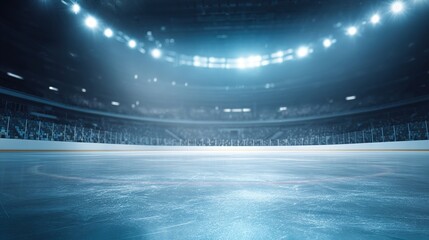 puck. An empty hockey rink glows blue under ambient lighting, with blurred stadium seats in the distance. event key visuals, club posters, designed for sports event promotions and stadium branding.