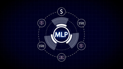 MLP Digital Network Diagram with Business Icons and Blue Grid Background graphic design