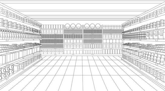 Perspective view of supermarket or store grocery aisle line art. Retail shop inside with shelves row full of goods background, racks of mart interior with product display vector illustration cartoon