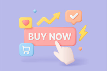 Buy now button in 3d style with hand cursor, shopping cart, heart, checkmark, and arrow icons for ecommerce marketing and website conversion vector illustration