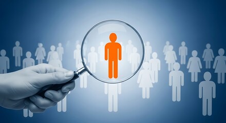 Find the perfect candidate concept with a magnifying glass highlighting a standout person, great for recruitment, hiring, and business success strategies