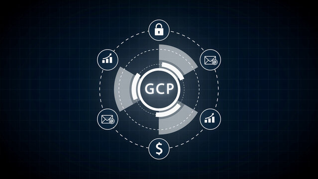 Google Cloud Platform GCP Digital Network Diagram with Icons and Grid Background cloud computing technology