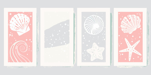 Naklejka premium Set of four abstract minimalist beach themed illustrations with seashells and starfish in pastel colors
