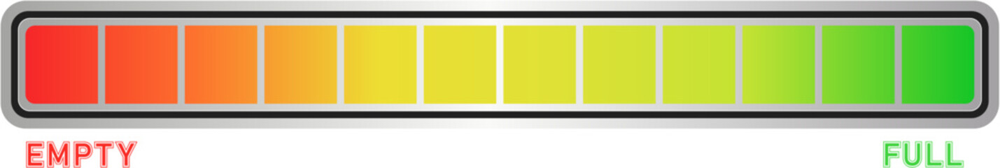 Battery level indicator displays full charge with green color on right and empty with red on the left