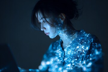 double exposure asian girl using laptop for online learning, overlay with holographic AI network and glowing data interface, futuristic e-learning