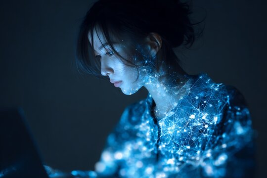 double exposure asian girl using laptop for online learning, overlay with holographic AI network and glowing data interface, futuristic e-learning