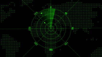 Green radar screen with world map overlay showing two targets and a sweeping sector display technology