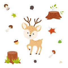 Cute forest animal deer hand drawn with textures on white background, stump, mushrooms, leaves, cones, acorns, for printing postcards, banners, advertising