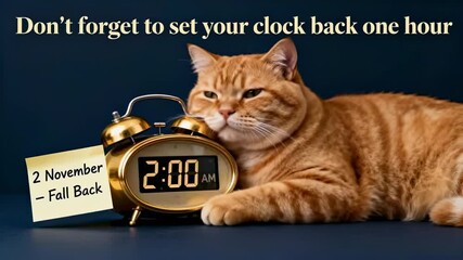 Creative USA Fall Back 2025 video – a funny chubby ginger cat wakes up to remind you to set your clock back one hour for winter time. Clock adjustment on November 2 in America. Video footage.