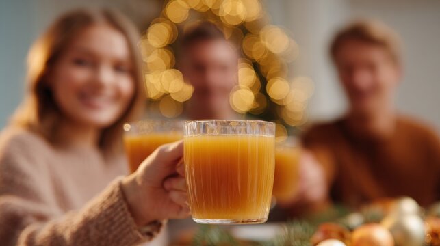Young woman holding a glass of orange juice in front of a christmas tree. she is smiling and looking at the camera. - Powered by Adobe