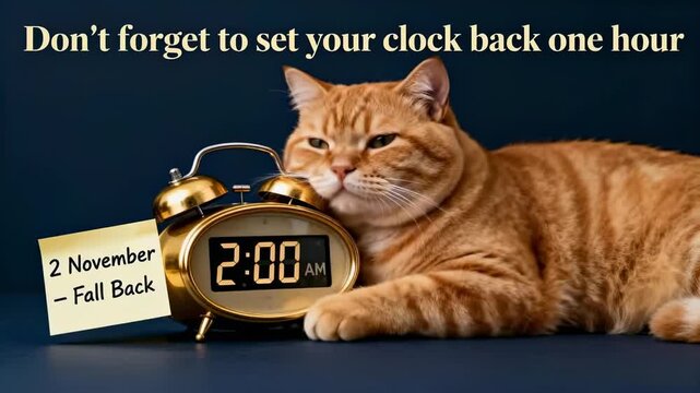 Creative USA Fall Back 2025 video – a funny chubby ginger cat wakes up to remind you to set your clock back one hour for winter time. Clock adjustment on November 2 in America. Video footage.