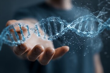 double exposure student holding DNA model, overlay with molecule structure and AI data hologram, STEM education future concept