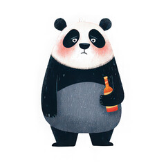 Sad panda bear holding bottle, cartoon animal illustration, hand drawn style, black and white fur, standing, emotional expression, isolated on transparency background