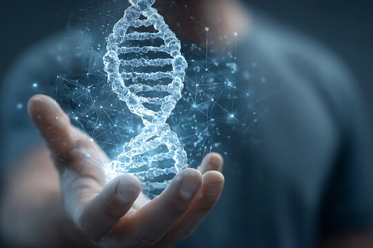 double exposure student holding DNA model, overlay with molecule structure and AI data hologram, STEM education future concept - Powered by Adobe