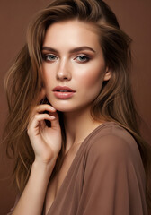 portrait photo of a top model woman with long light brown hair. and fresh natural makeup. She is wearing a chiffon body dress in Mocha Mousse color
