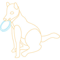Stylized Outline Drawing of a Dog Holding a Frisbee in its Mouth Sitting Transparent Background Orange and Blue