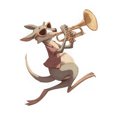 Kangaroo cartoon animal trumpet sunglasses music playful illustration art character fun joyful