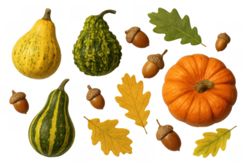 Autumn harvest still life with decorative gourds, pumpkin, leaves and acorns displaying fall season concept