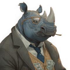 Rhino wearing suit, glasses, and tie with money in pocket, exuding confident and powerful expression, anthropomorphic animal art, business style