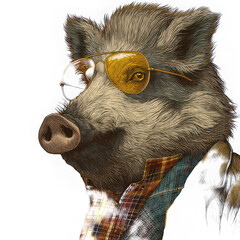 Boar wearing sunglasses, plaid shirt, and exuding cool, confident attitude, animal art illustration with detailed fur texture and modern fashion style
