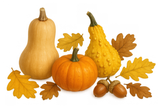 Autumn composition featuring pumpkins, gourds, and fall leaves, symbolizing harvest, thanksgiving, and the changing season