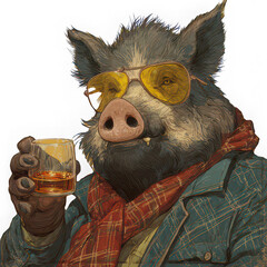 Boar animal art illustration sunglasses drink scarf jacket stylish anthropomorphic cheerful character