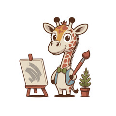 Adorable cartoon giraffe artist creating masterpiece with paintbrush and easel, radiating creativity and charm for educational or whimsical projects.
