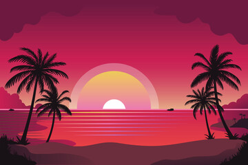 Tropical Sunset Beach with Palm Tree Silhouettes – Vibrant Gradient Ocean Horizon Vector Illustration