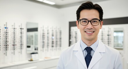 A smiling male optician in a neat attire at an optical shop