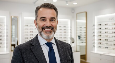 A smiling male optician in a neat attire at an optical shop