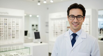 A smiling male optician in a neat attire at an optical shop