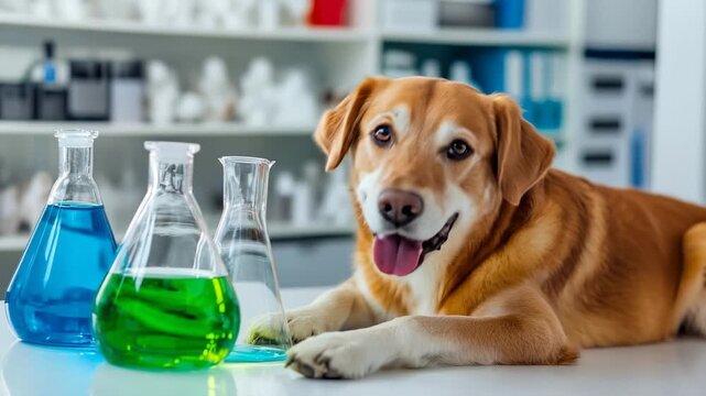 Happy Dog Lying Down Next to Science Beakers With Colored Liquids in a Laboratory