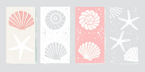 Collection of stylized seashells and starfish illustrations in pastel colors on textured backgrounds