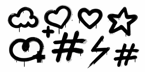 Collection of black graffiti style icons including hearts clouds stars hashtags and lightning bolts © Ramanath