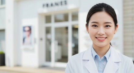 A smiling female optician wearing a neat outfit in front of an optical shop